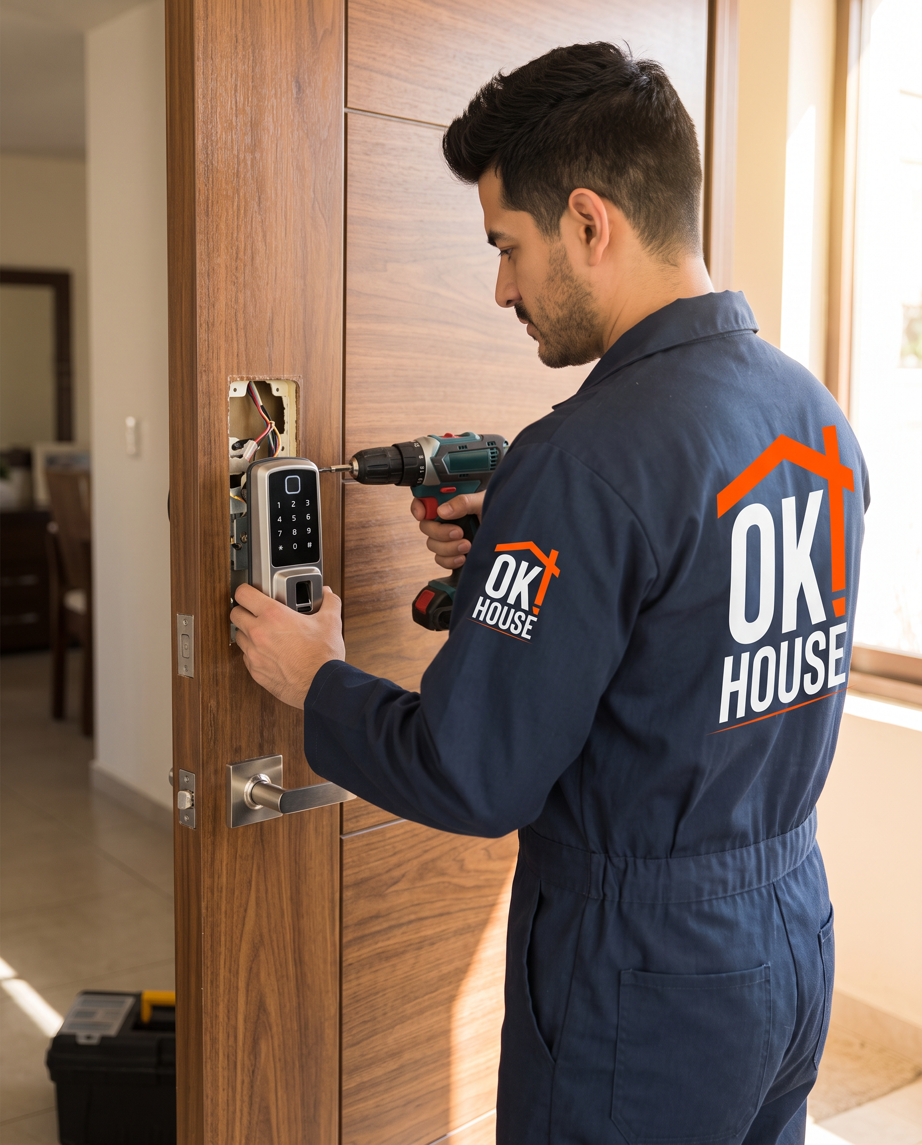 Técnico OK House instalando una cerradura digital
